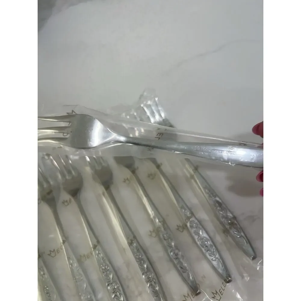 NEW Eldan ELD18 Set Of 8 Seafood Forks MAY ROSE Textured Roses Stainless Vtg MCM